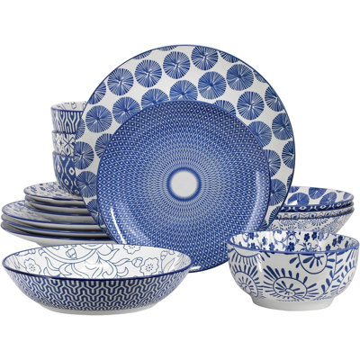 16 Piece Porcelain Dinnerware Set, Blue Assorted Dish Set For 4 With Double Bowls, Plates & Bowls, Microwave & Dishwasher Safe
