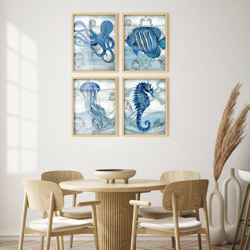 Art mural encadré, pieuvre, poisson-clown, méduse, Amphibiens, art numérique moderne, nautique, bleu, multicolore, pour salon, chambre à coucher, bureau