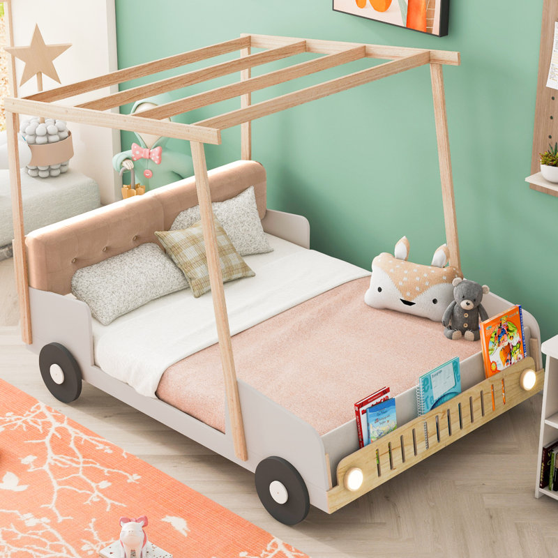 Lit voiture double en bois avec coussin, toile de plafond et DEL, naturel