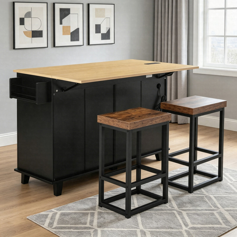Farmhouse Kitchen Island With Drop Leaf & 2 Stools, Kitchen Table Set With Power Outlet, Storage Cabinet, Drawers, Spice Rack & Towel Bar