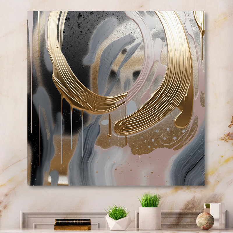 Abstrait doré et rose Infinity Rivers IV - formes abstraites, art mural en métal, H 16 po x l 16 po