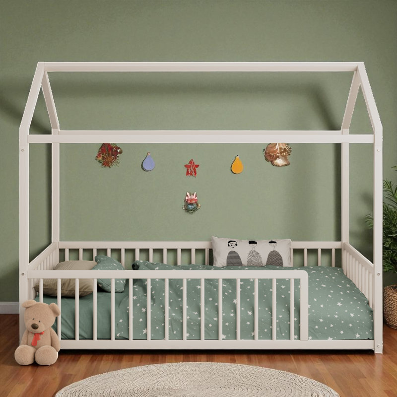 Metal Canopy Bed Floor House Bed With Fence, Twin, White