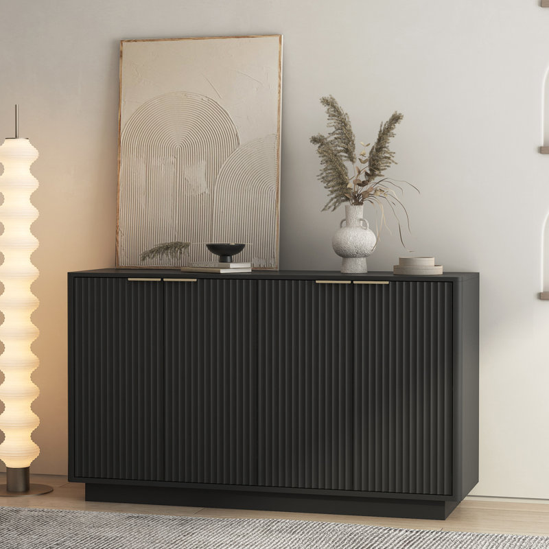 Buffet noir moderne avec rangement, grand buffet cannelé avec tablettes réglables, crédence, console d'appoint, Noir
