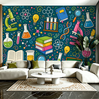 Peel and Stick Wallpaper Colorful Science Themed Lab Equipment Books Wall Murals 100"H x 144"W Removable PVC Wall Paper Self-Adhesive Wall Decor for Bedroom Living Room Home Office