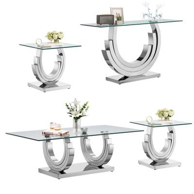 4 Piece Glass Coffee Table Set Modern Living Room Table Set with 1 Coffee Table  2 End Tables  1 Console Table Coffee Table Set with 3CShape Base