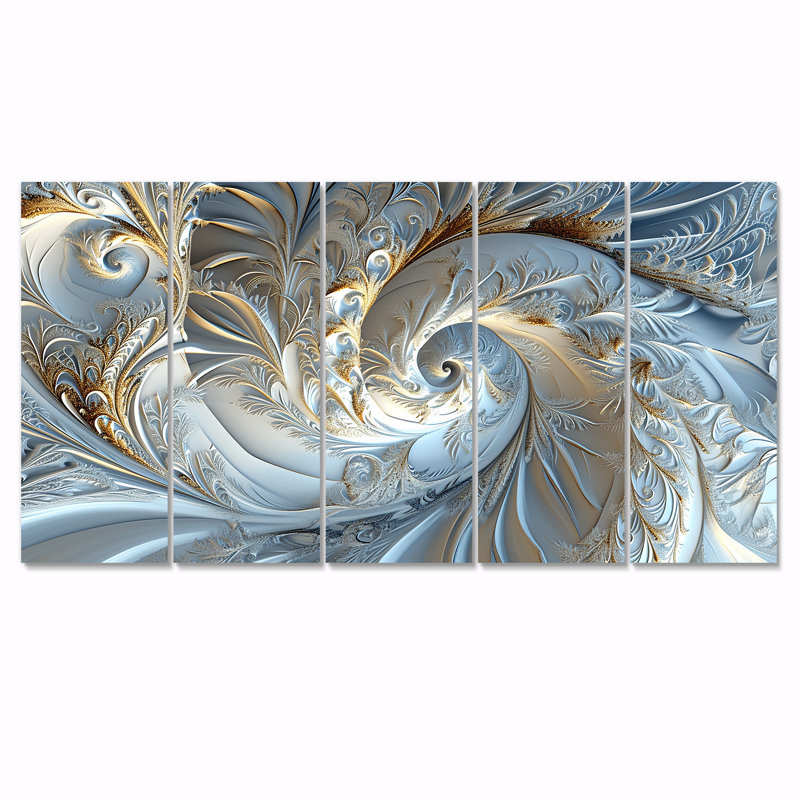 «Light Blue Fractal River - Abstract Spirals», art mural 5 pièces, H 28 po x l 60 po