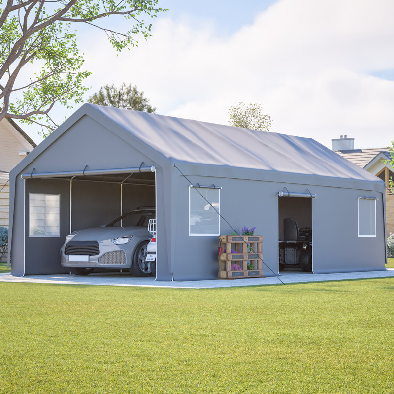 Abri de voiture robuste de 4 x 8 m avec parois latérales amovibles et fenêtres, abri de garage portable toutes saisons, gris