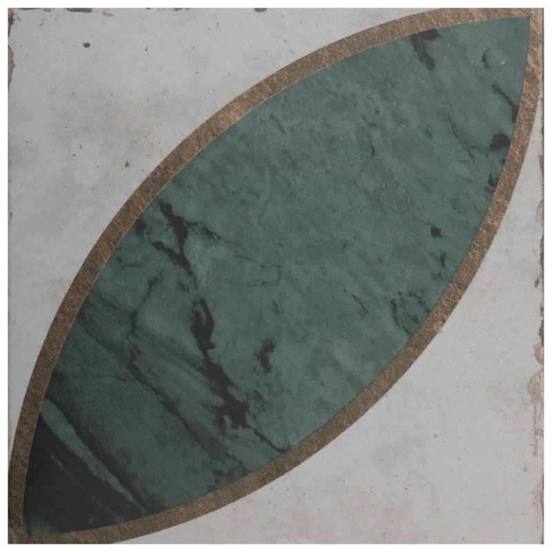 Renaissance Deco 8" x 8" Porcelain Patterned Wall & Floor Tile, Green/White