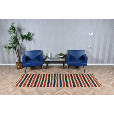 Blue Striped Vintage Turkish Kilim Runner Rug Handmade Of Wool Ideal For Enhancing Corridor Floors With Cute Anatolian Design Elements
