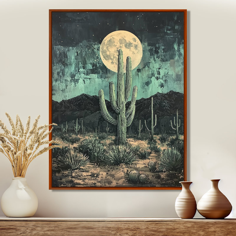 Cactus Marsicano au clair de lune II - décoration murale cactus, H 44 po x l 34 po, Reproduction avec cadre flottant, Brun