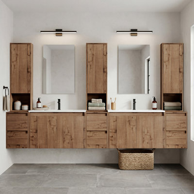Meuble-lavabo double flottant 96 po avec armoire supérieure, lavabo en céramique et conception sans poignée 96 po