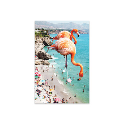 Flamants géants sur la plage, impression sur verre acrylique