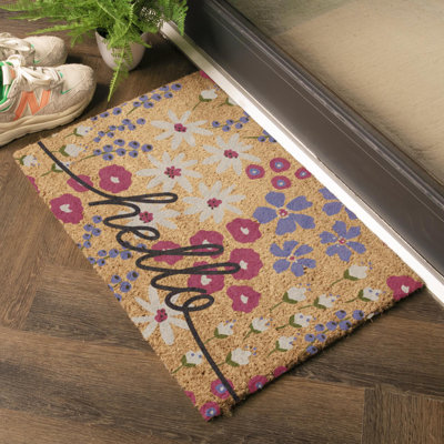 Hello Scribbly Floral Coir Doormat
