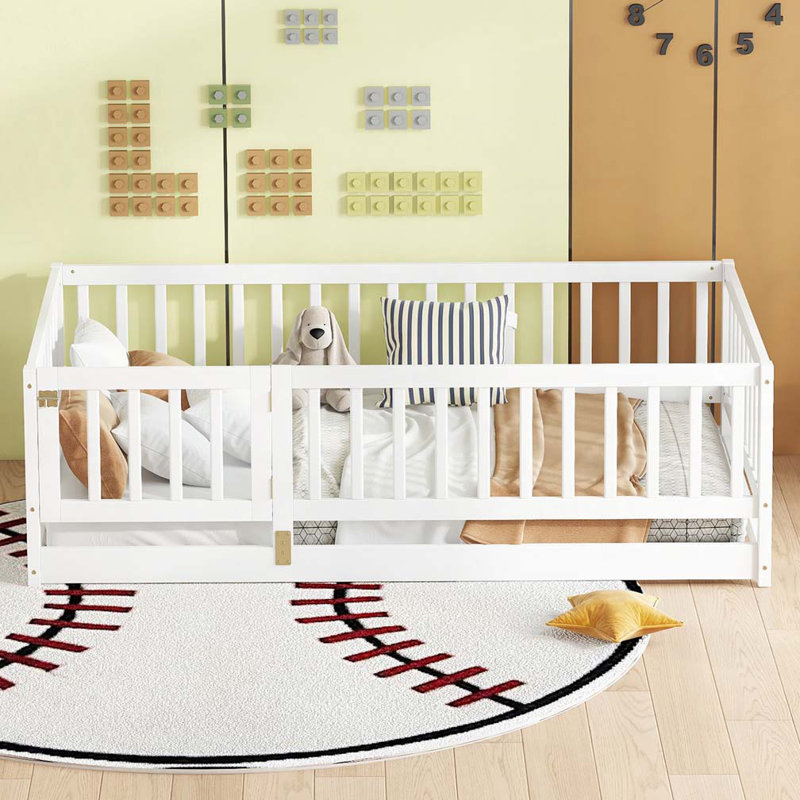 Full Bed, Floor With Fence And Door,Rubber Wood Floor With Safety Guardrails, Full, Brown