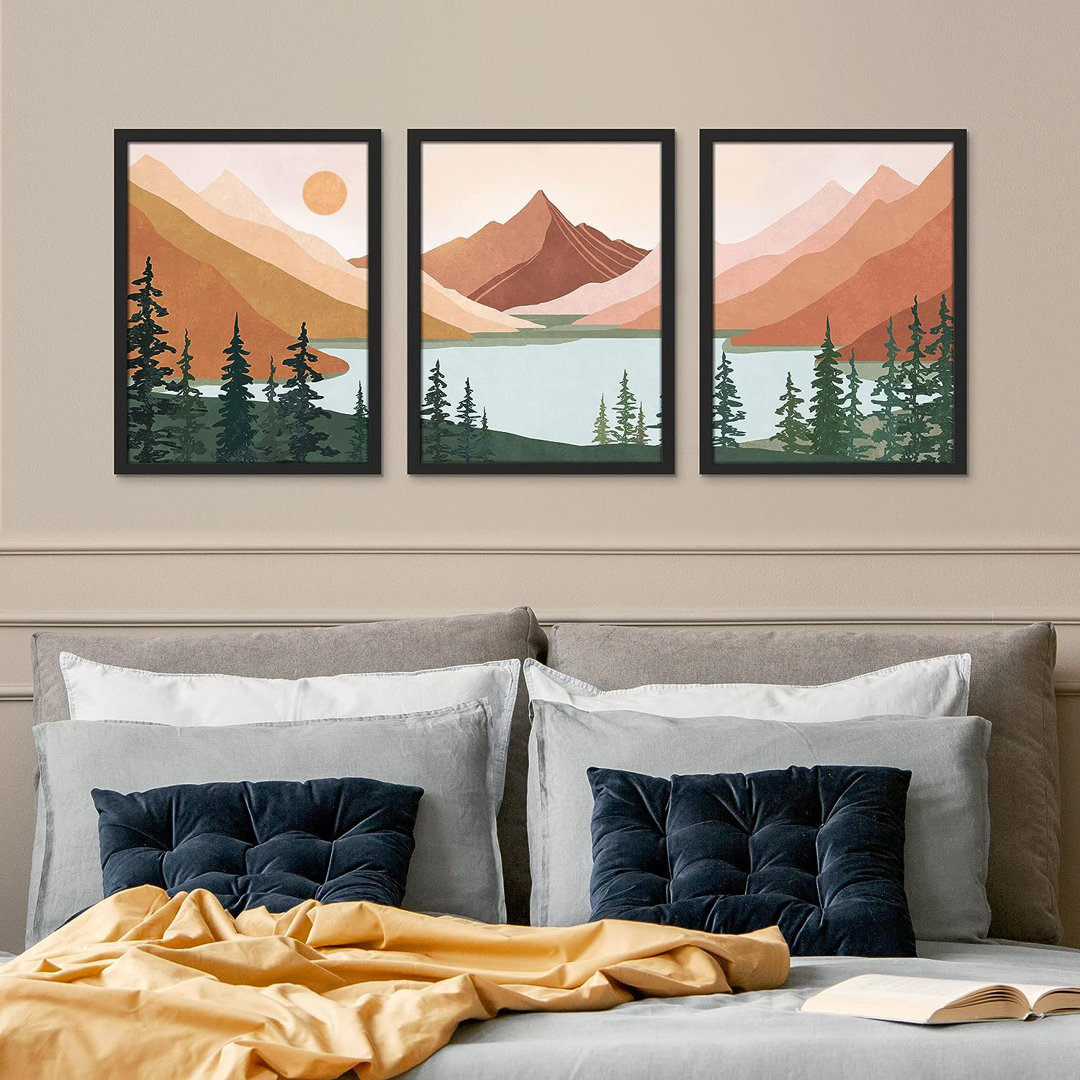 IDEA4WALL Framed Set Geometric Mountain Forest Lake Wall Art, Set Of 3 Abstract Nature Illustrations Wall Decor Prints, Nordic Wall Décor For Living Room, Bedroom 3 Pieces IDEA4WALL Frame 