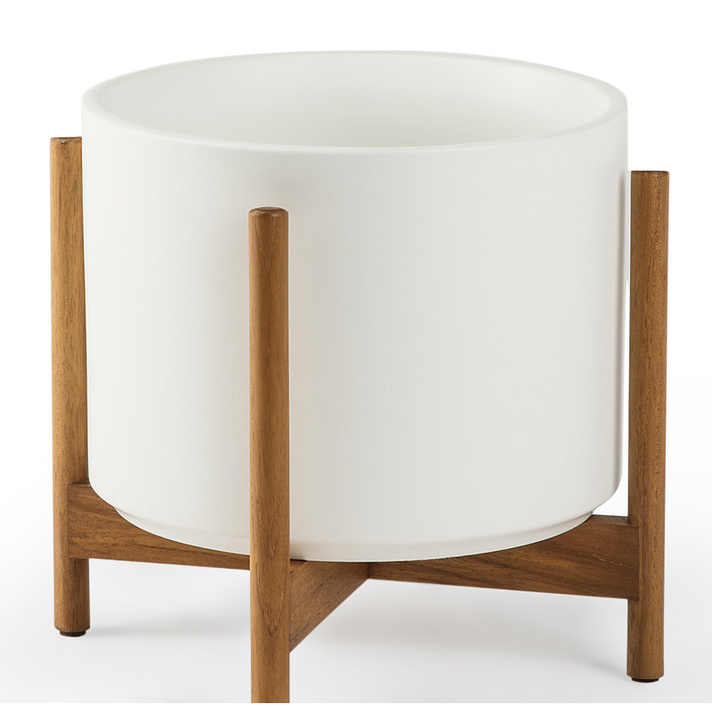 Riverside Handmade Ceramic Pot Planter, White/Teak, 8.7" H x 9.5" W x 9.5" D