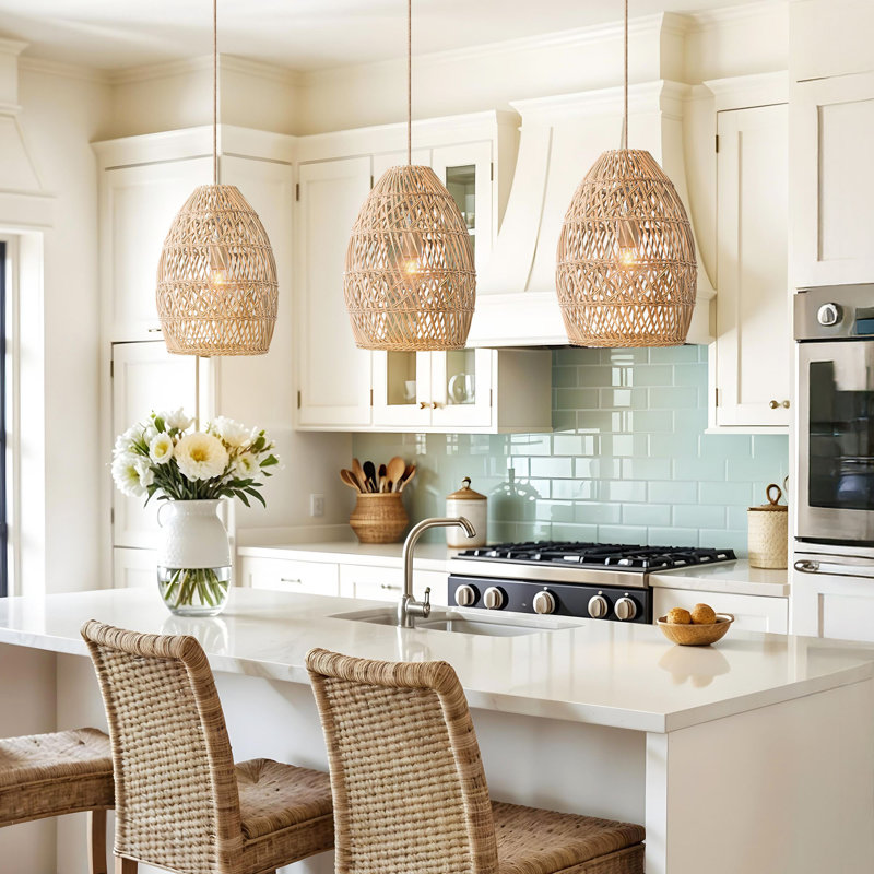 Callie Rattan Pendant Light - 14" Natural Bell Handwoven Hanging Light For Kitchen Island or Dining Room in Modern Farmhouse, Farmhouse & Boho Style