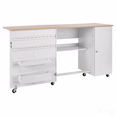 Folding Sewing Table, Multipurpose Sewing Machine Table With Cabinet, Charging Station, Compact Design, Wheels, Wooden Pegs, Storage Trays And Shelf, Craft Station And Side Desk For Home