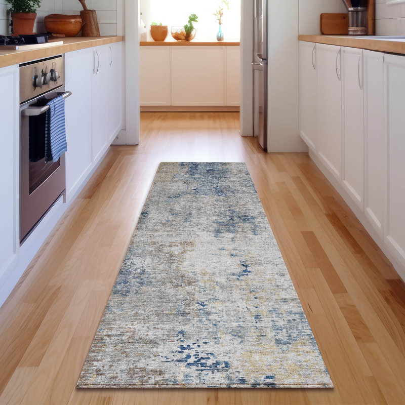 Premium Machine Washable Prisco Blue Rug, Runner 2'3" x 7'6"