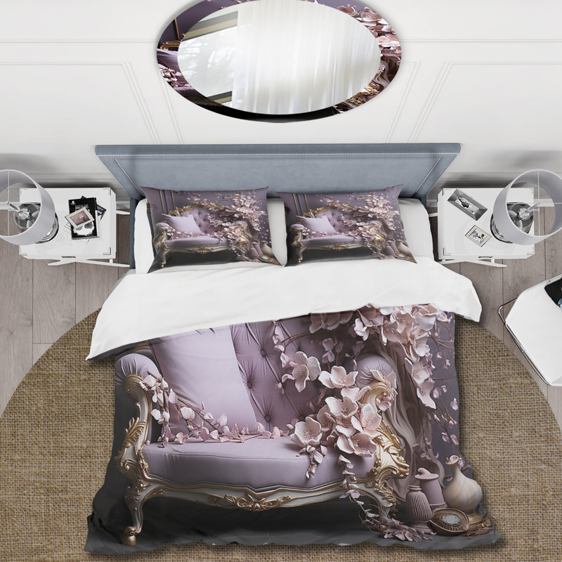 Canapé lilas orné d'accents dorés - Ensemble de housse de couette floral - Polyester microfibre