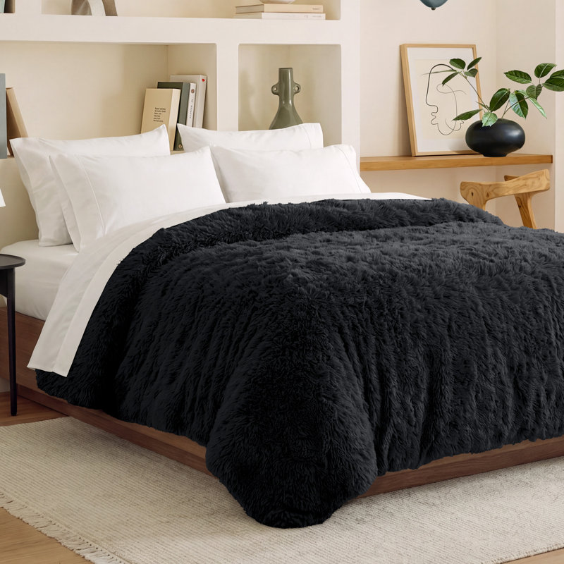 Shaggy Fleece Plush Duvet Cover, Full Duvet Cover, Black