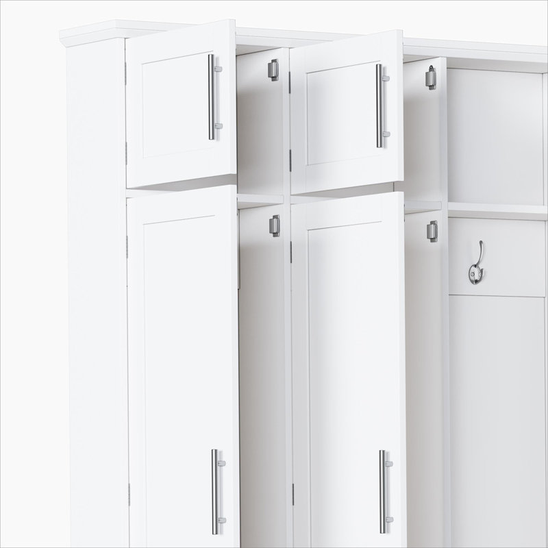 Farmhouse Hall Tree With 4 Hidden Hanging Hooks, Seating Bench, Storage Cabinet And Open Compartment, White