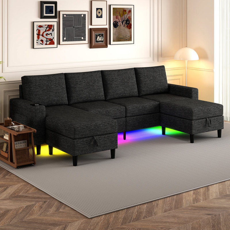 109" Sectional Couches For Living Room, 4 Seat Sectional Sofa With Rgb Light/wireless Charging/usb/type-c, Black