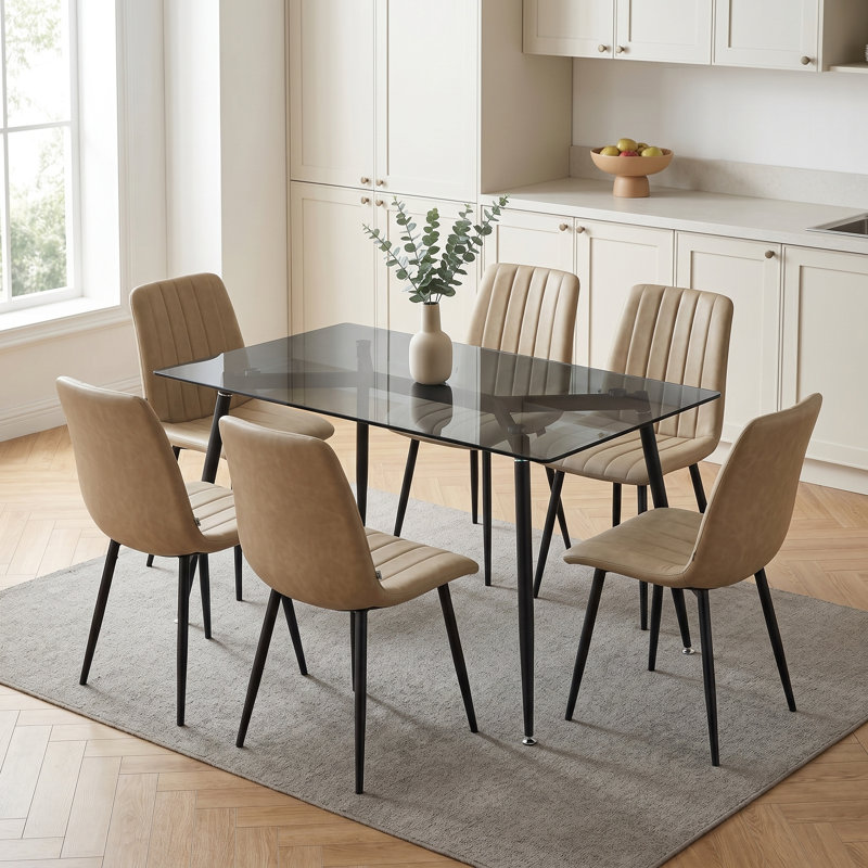 Table rectangulaire en verre 59,1 po et six chaises en cuir de polyuréthane pour la cuisine, la salle à manger et le salon