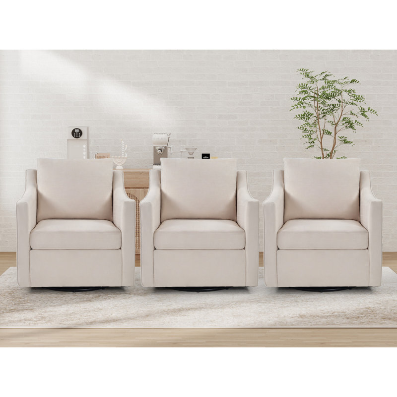 Fauteuil pivotant rembourré de 30,3 po de largeur avec cadre en bois massif, Blanc, crème