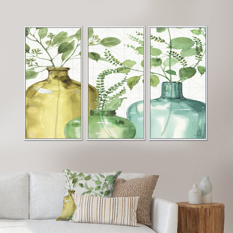 Mixed Botanical Green Leaves, 32" H x 48" W x 1" D, Cadre blanc