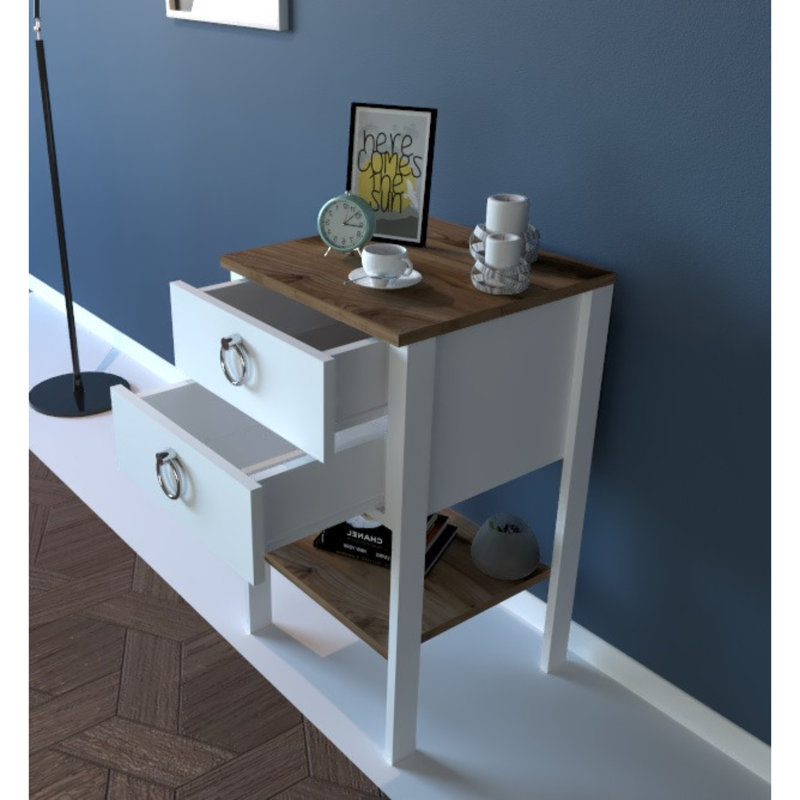 Table de chevet 2 tiroirs Shuler en blanc / noyer