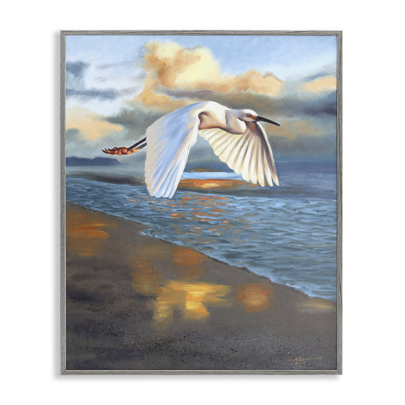 Egret Wingspan au-dessus de la plage, estampe numérique par D. Rust, Estampe numérique Farmhouse, H 14 po x l 11 po