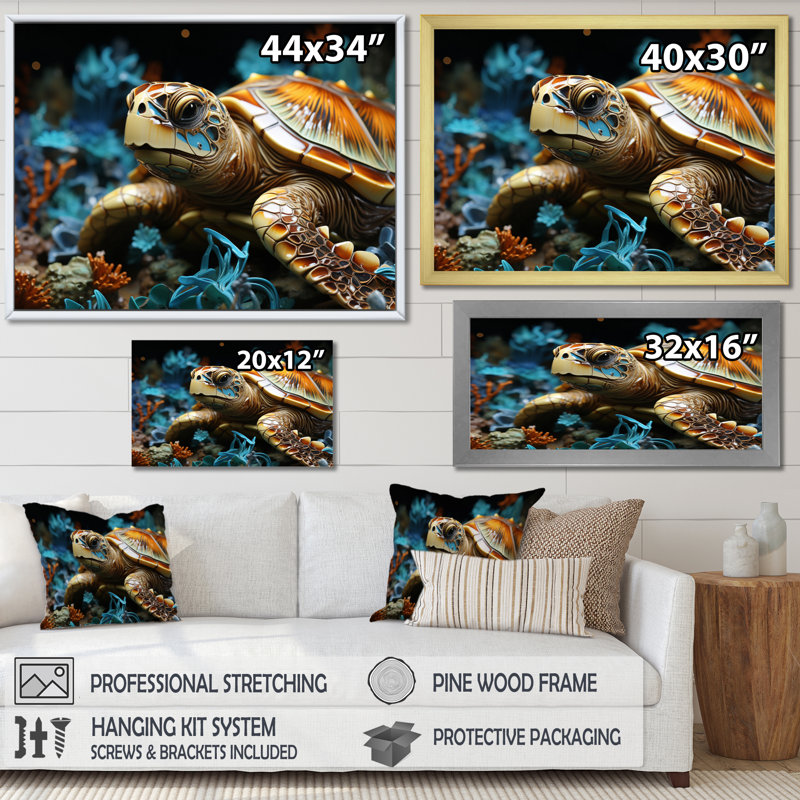 Tortue sereine avec corail dans l'océan I, reproduction d'art sur toile, H 12 po x l 20 po x P 1 po, Toile tendue