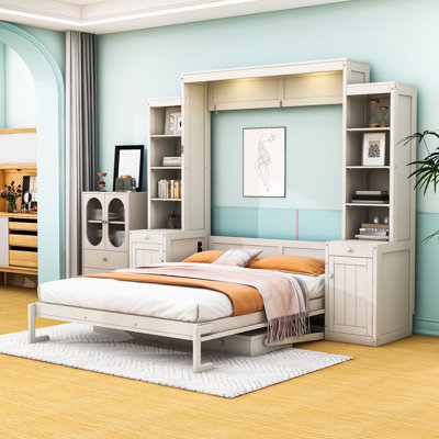 Multi-Functional Wooden Murphy Bed with Open Shelving