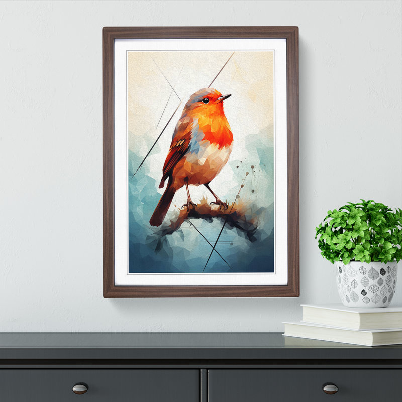 Robin Bird Geometric - Single Picture Frame Print on Wood, Walnut Framed, 64cm H x 46cm W x 2cm D