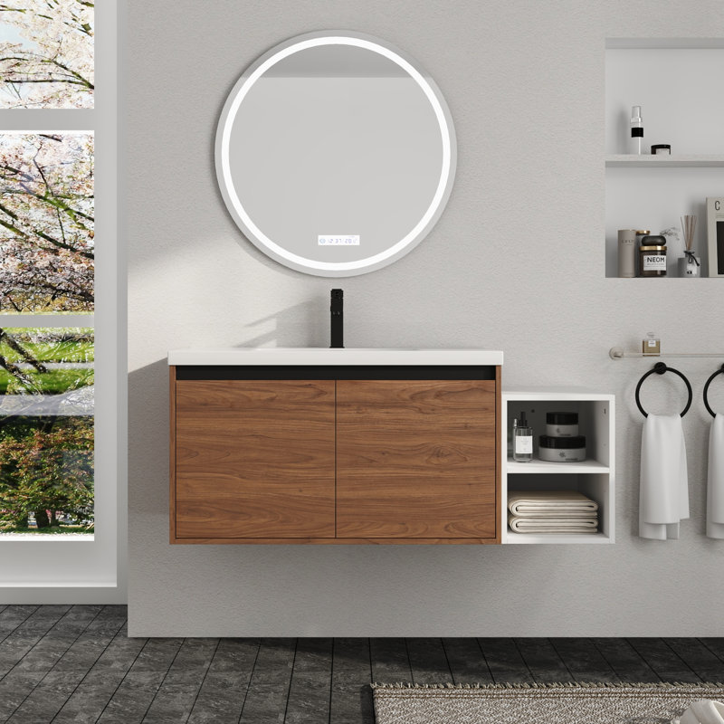 Meuble-lavabo mural Earnby de 122 cm (48 po) avec lavabo en résine, petites étagères de rangement, tablette réglable, portes à fermeture amortie, brun ébène