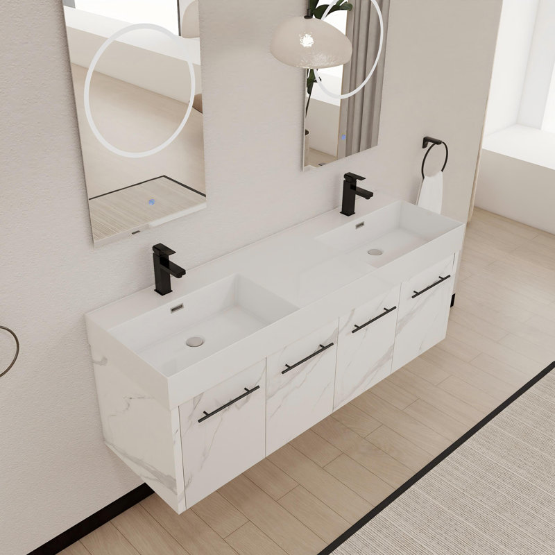 Meuble-lavabo mural 60 po avec lavabo épais 60 po, Blanc