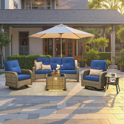 5-Person Outdoor Seating Group With Cushions,Swivel Rockers,Led Coffee Table,All-Weather Wicker Patio Set