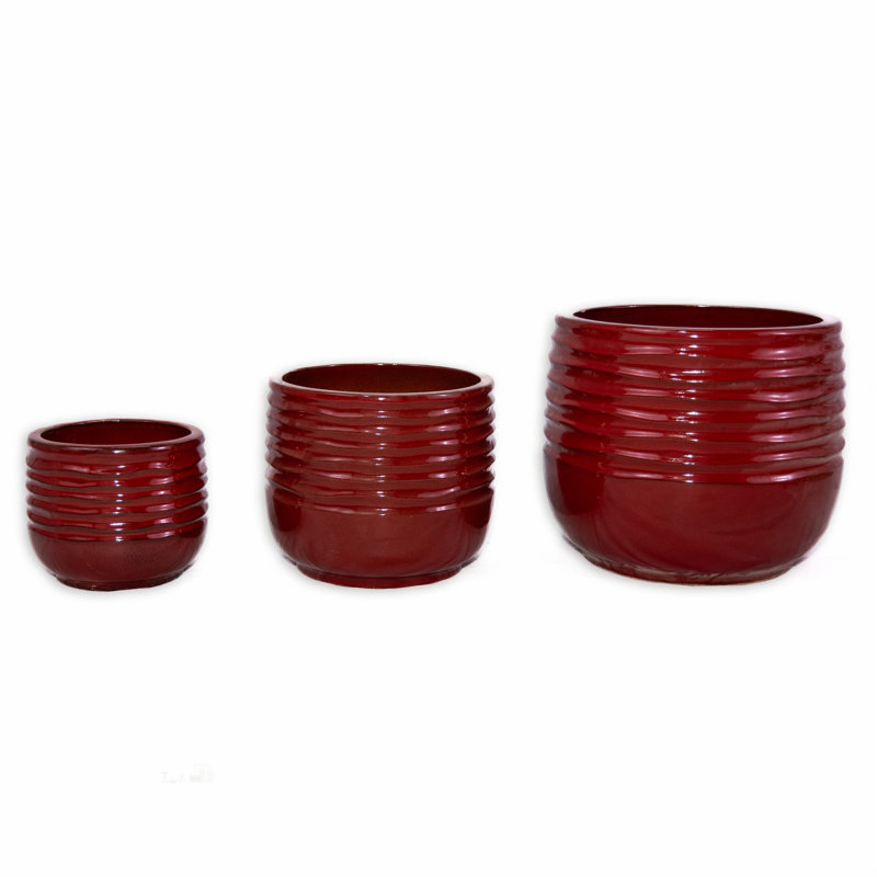 Set of 3 Ceramic Flowerpots, Modern Planters for Patio, Garden, and Windowsill - Finish, Bean Paste Red