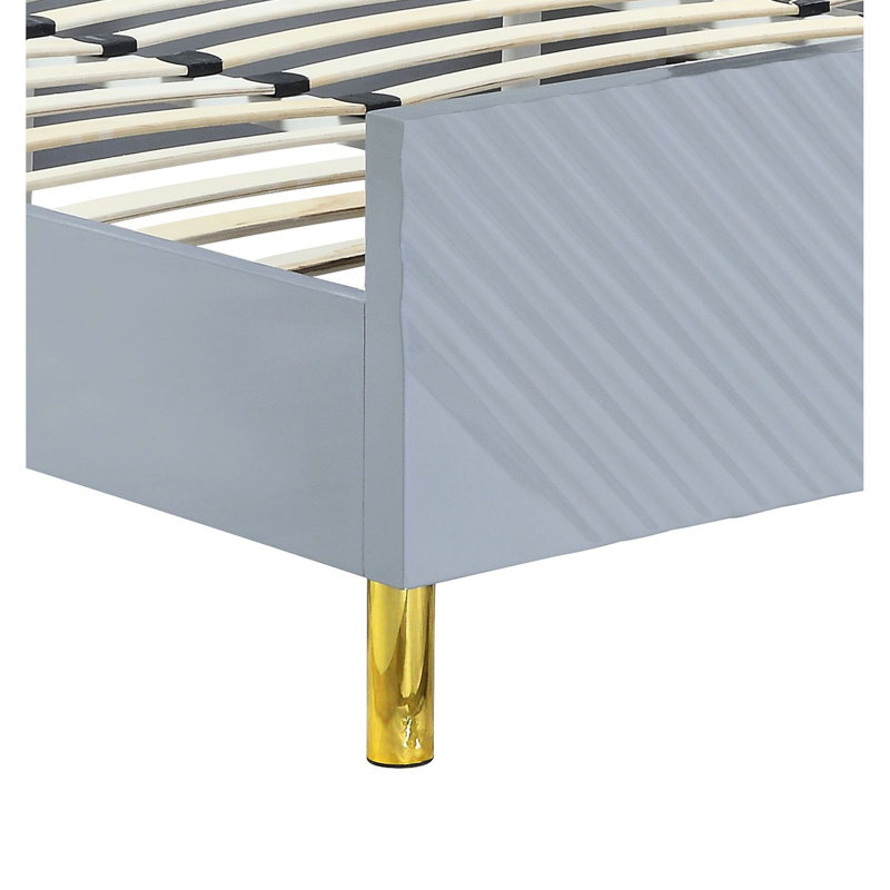 Grand lit gris très brillant avec motif ondulé, métal et 26 lattes, 2 pieds de soutien, capacité de 660 lb, bois synthétique, poids