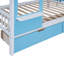 Lit double superposé double en bois massif de style château, bleu doux avec glissade, 2 tiroirs et 3 tablettes