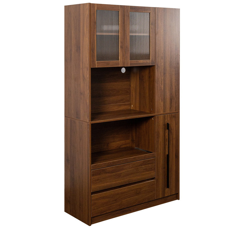 Grand garde-manger avec rangement à plusieurs niveaux, porte en verre et support à micro-ondes pour une organisation efficace