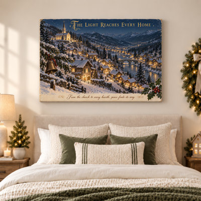 Winter Village Church in Snowy Mountains Christmas Canvas Wall Art