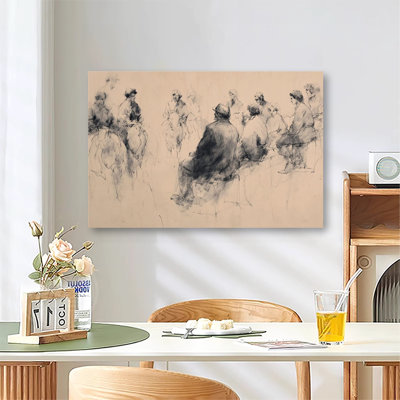 Expressive Charcoal Sketch Equestrian Horse Gathering Study Art, Large Gallery Wrapped Canvas Wall Art Print for Living Room & Bedroom
