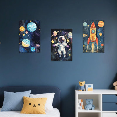 3 pièces d'art mural pour chambre d'enfant, décor de chambre d'enfant, thème des astronautes, impressions sur toiles encadrées, décor de chambre pour tout-petits garçons (16 po x 24 po x 3 po)