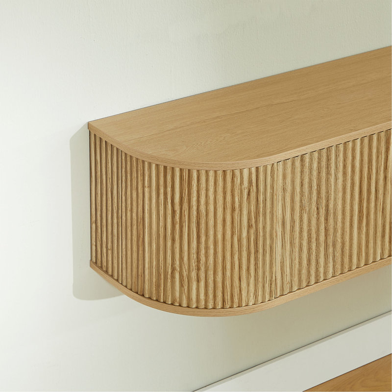 Meuble télé mural flottant de 55 po avec portes cannelées, console multimédia de grande capacité avec trous de gestion des câbles pour le salon, compatible avec divers styles de maison