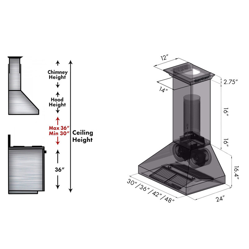48" Crown Sound Ducted Vent Wall Mount Range Hood in Stainless Steel with Built-in Bluetooth Speakers, 30"