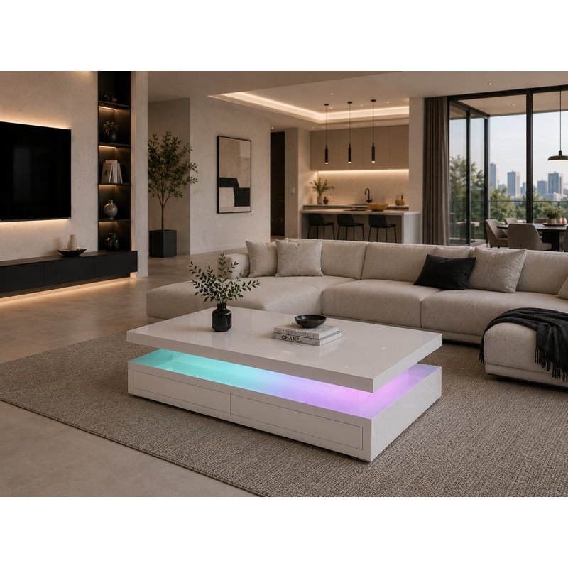 Table basse 47,2 "Delphi avec chargement sans fil, haut-parleur Bluetooth, éclairage à DEL RVB, tiroir de rangement et finition blanche moderne Delphi