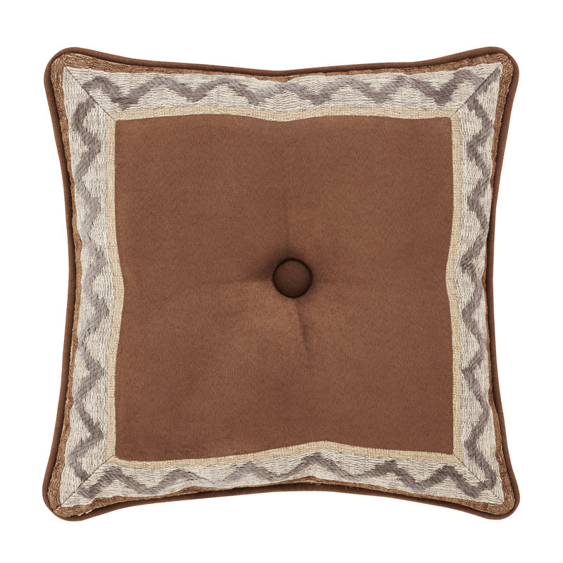Brown and Beige Jacquard Square Throw Pillow with Button Detail