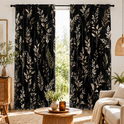 2Pcs Botanical Print Curtains with Leaf Pattern, Vintage Style, Elegant Theme, Decorative Window Treatment, Ideal for Living Room, Bedroom, Home Decor, Light Filtering, Rod Pocket Hanging